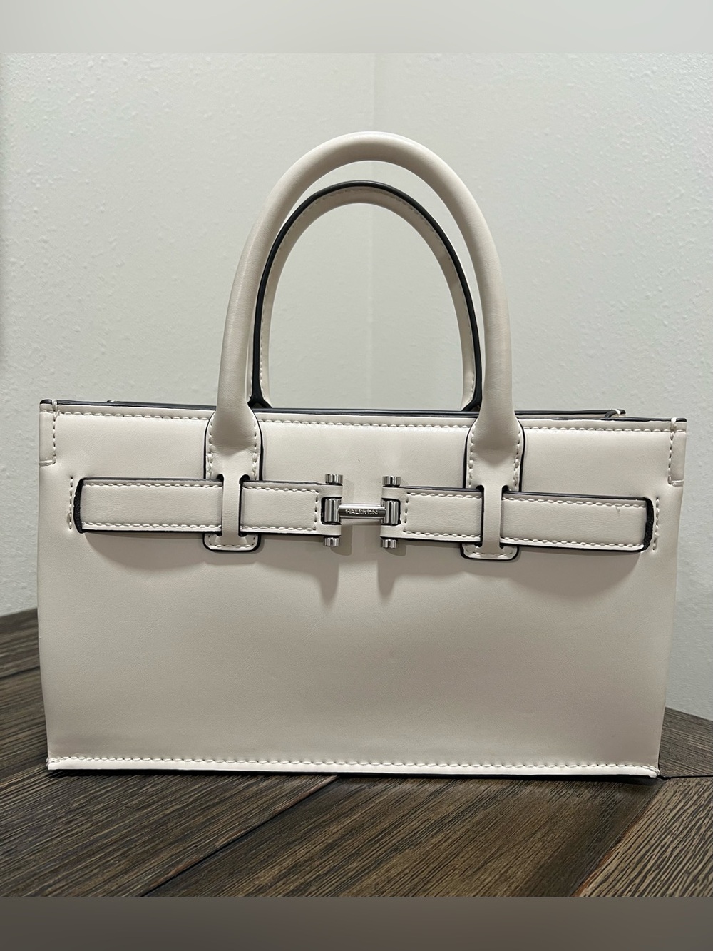 Halston Structured Cream Top Handle Satchel Bag | Off-White Belted Tote